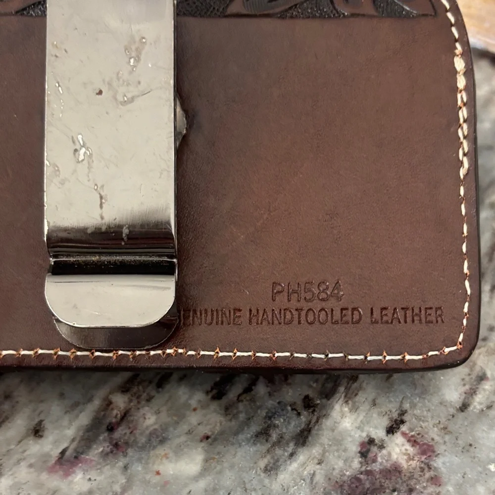 Hand-Tooled Floral Leather belt cell/beeper holder - Dark Brown